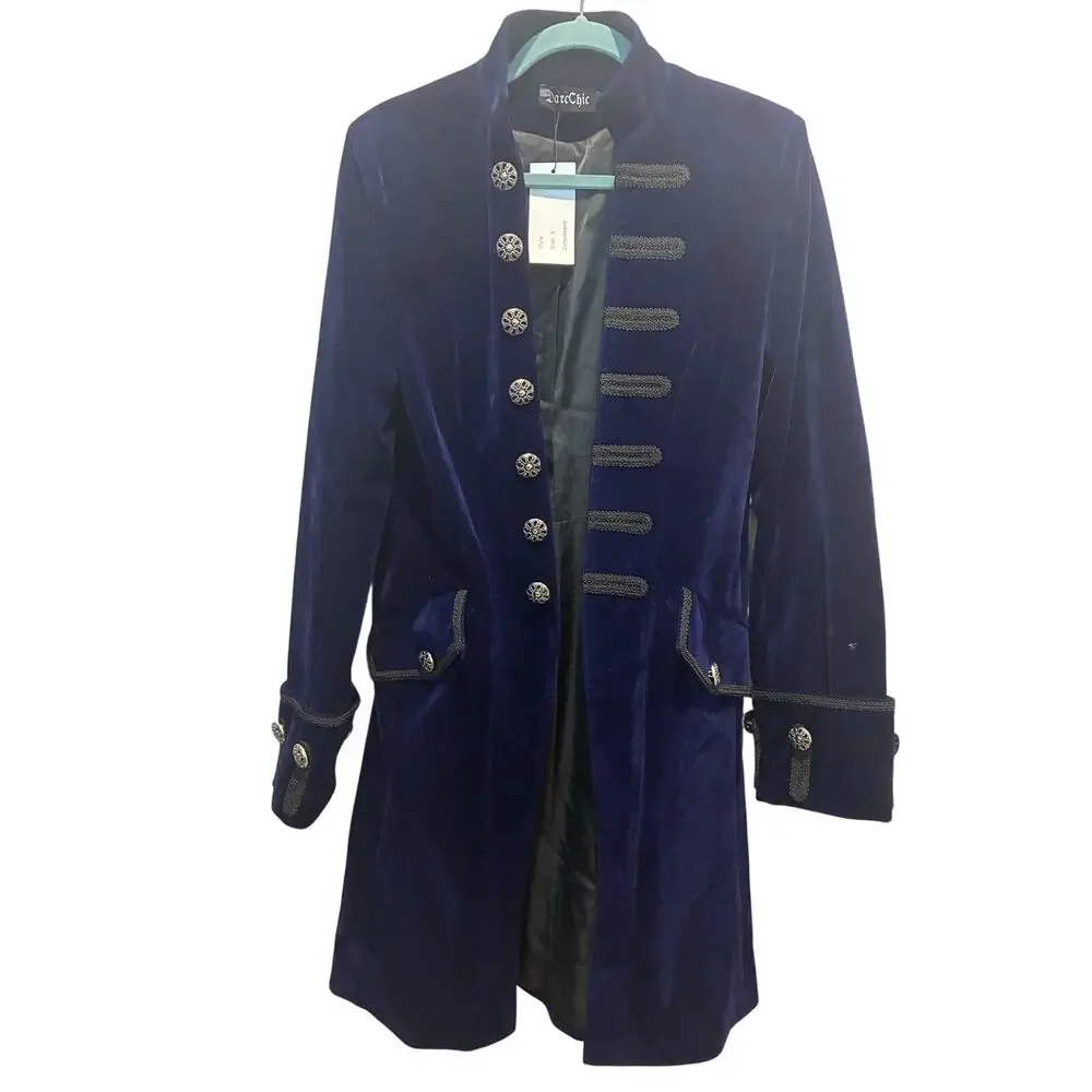 DarcChic Men's Gothic Velvet Navy Coat Steampunk Riding Jacket Small NWT